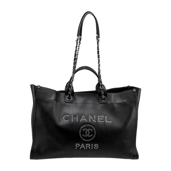 CHANEL Deauville Black Caviar Leather Studded Logo Large Shopping Tote Bag SHW - Picture 2 of 15